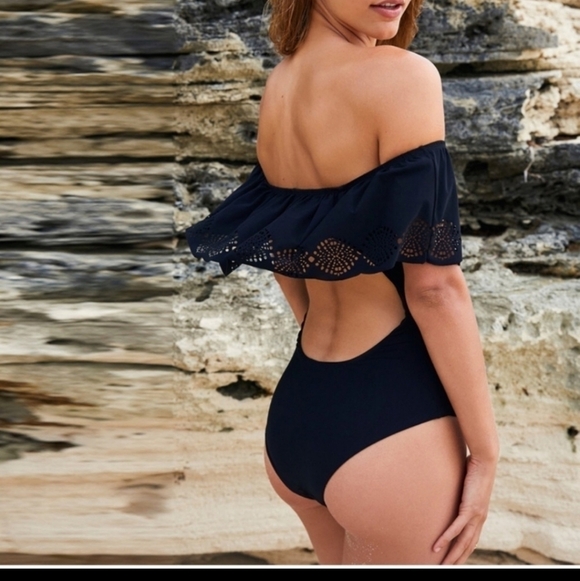 Black Ruffled Off the Shoulder 1 Piece Swimsuit - Picture 3 of 12